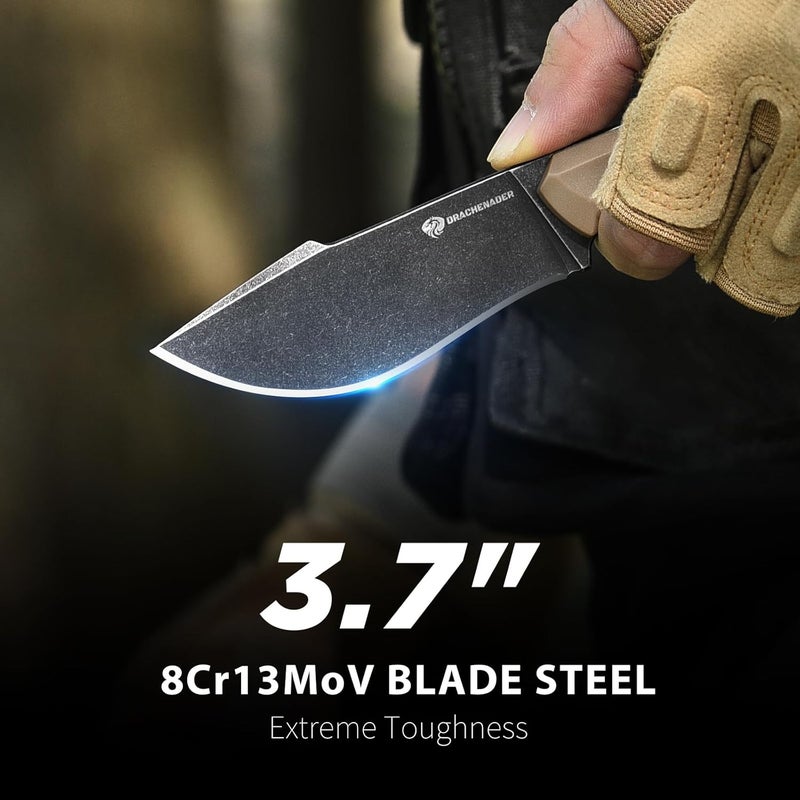 DRACHENADER Survival Knife with Fire Starter L-Y, 7.68" Full Tang Small Fixed Blade Knife with Belt Clip, Khaki + Stonewashed Black - Image 3